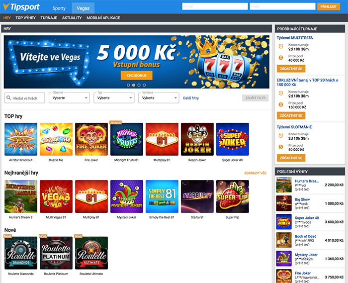 Tipsport VEGAS úvodní obrazovka